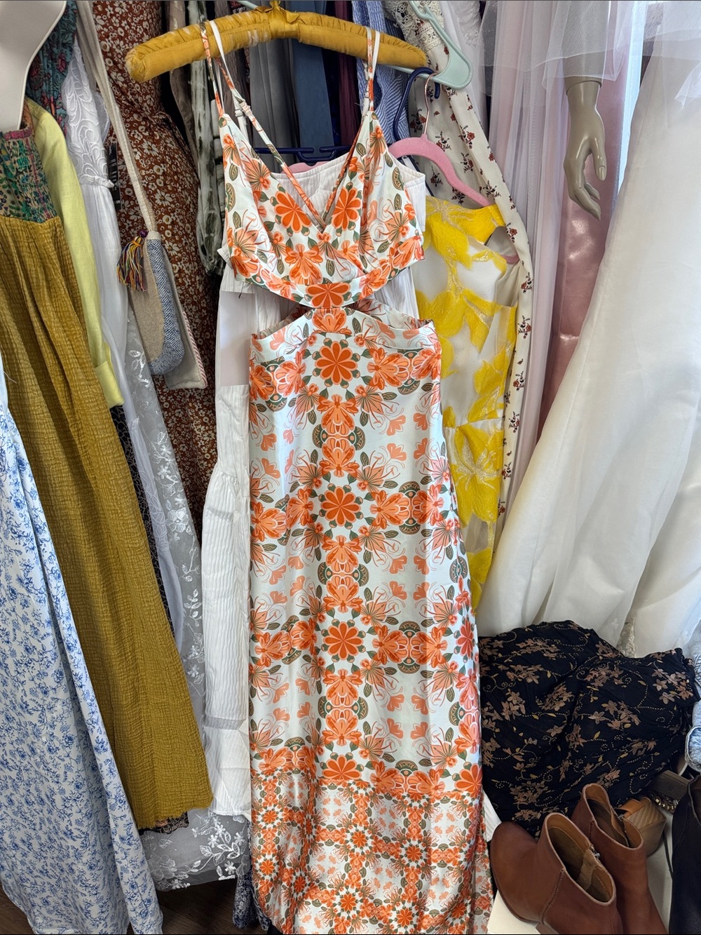 House of Harlow 1960 Orange Floral Cutout Maxi Dress with White Base